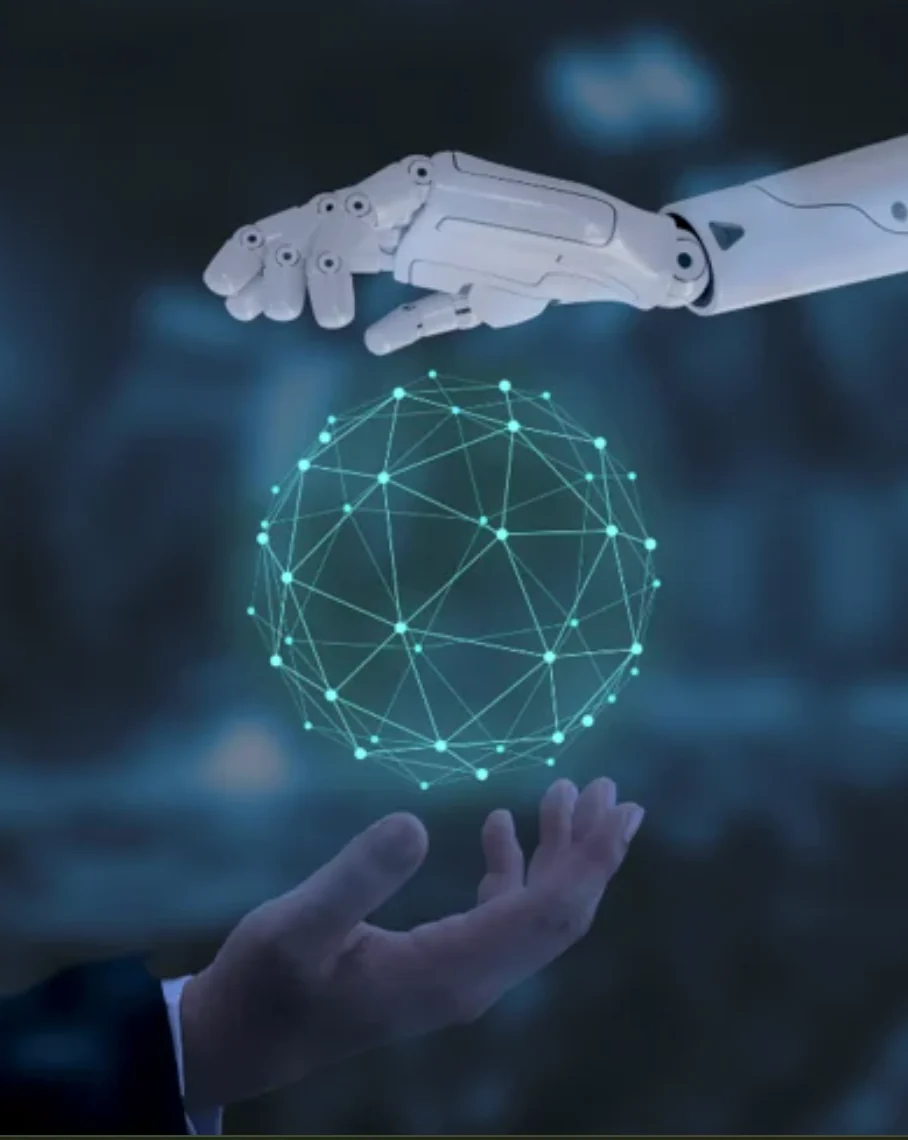 A professional and an AI-enabled system collaborating over a connected workflow sphere