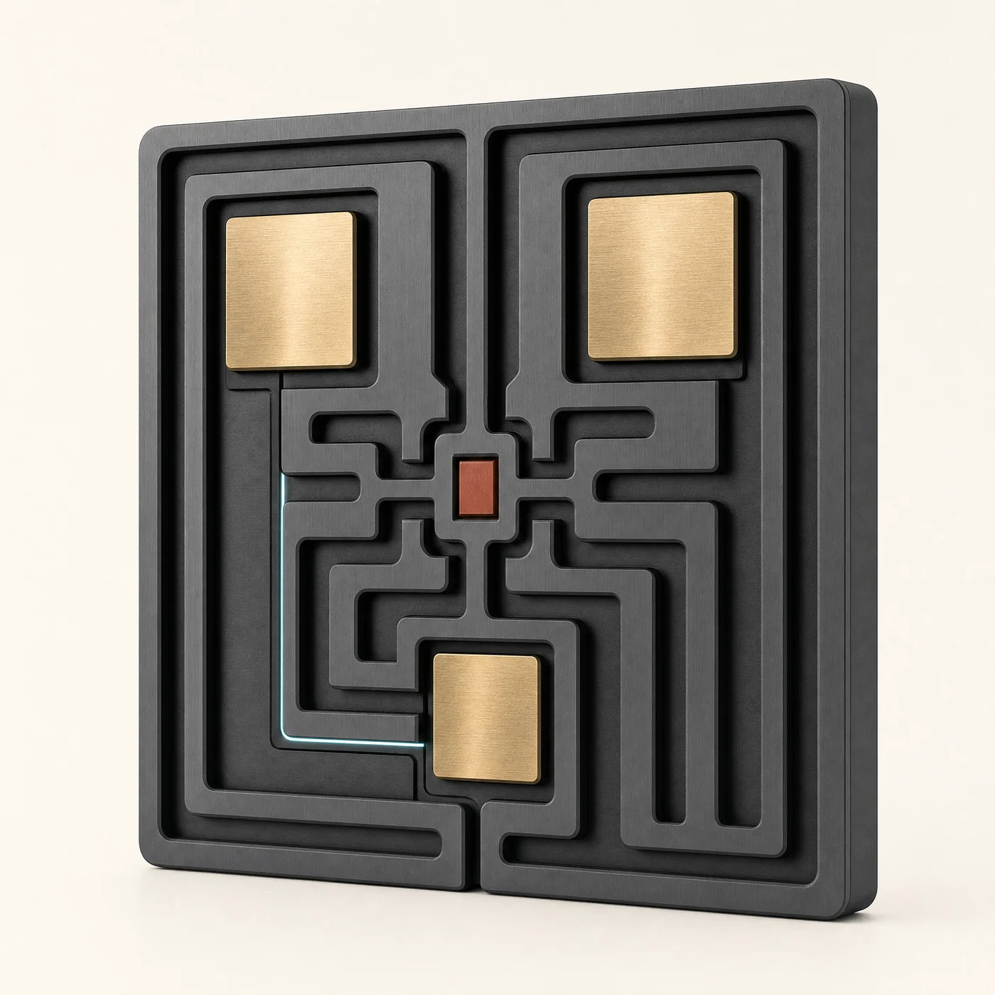 Laser-cut workflow controls converging at a central decision point