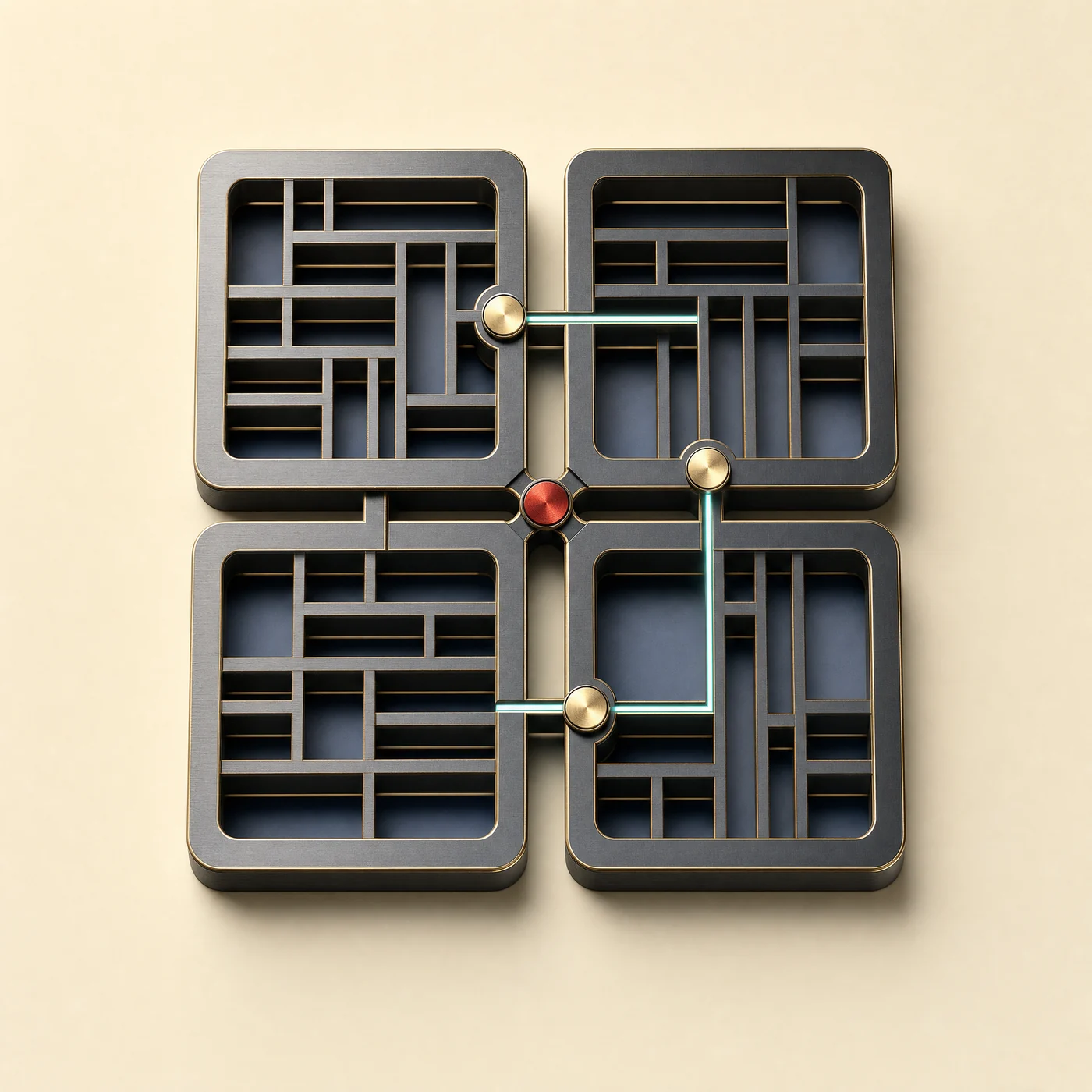 Layered technical lattice with a rising workflow path