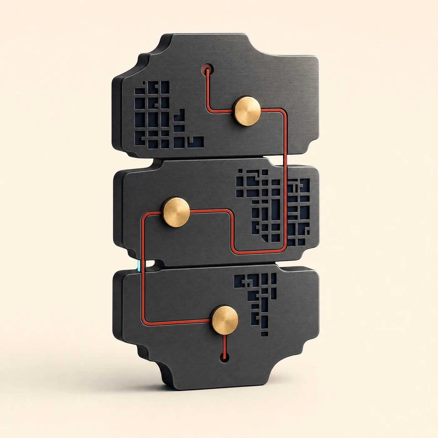Layered technical plates connected by a continuous controlled workflow path